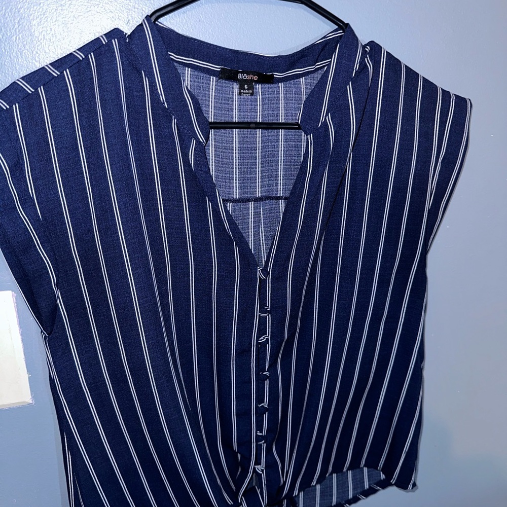 Blue and White Sleeveless Crop Button Down Shirt